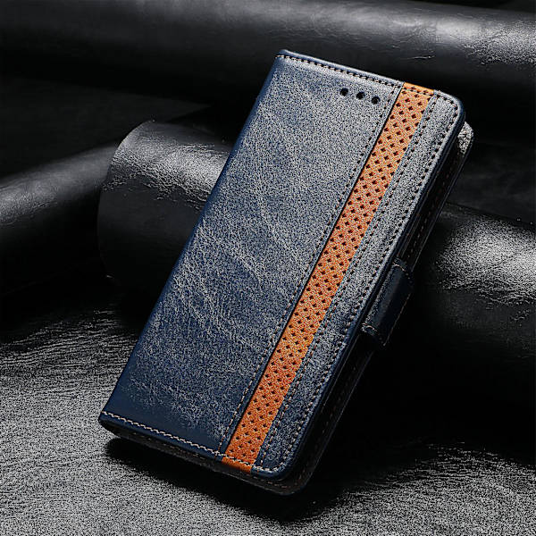 Caseneo 002 Series Phone case För Xiaomi Redmi Note 12 Turbo / Poco F5 5g, Splicing Pu Leather Rfid Blocking Stand Cover Dark Blue