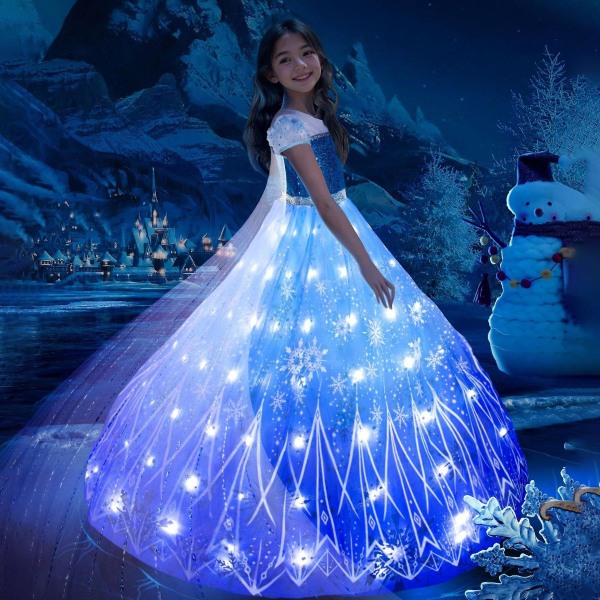 Uporpor Frozen Princess Elsa Led Light Up Klänning För flickor Barn Cosplay Festkläder Snow Queen Carnival Julbalklänning only dress with light 130cm