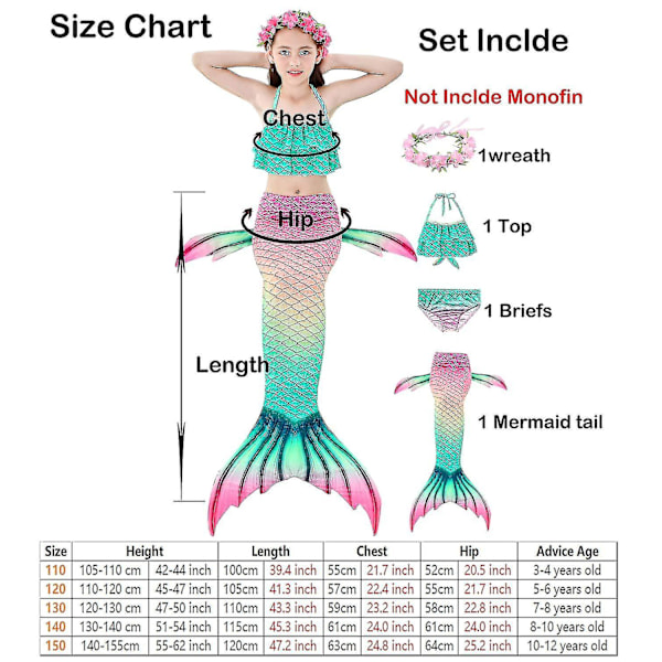 Barn Flickor Mermaid Tail Bikini Set Badkläder Baddräkt Simning Kostnad Inklusive Garland Pannband Färg 2 4-5 år