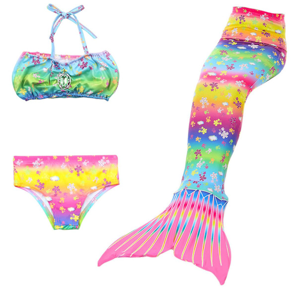 Sommarflicka sjöjungfru stjärt med monofin Halloween kostym prinsessa klänning baddräkt bikini badkläder för simning V 150cm(11-12T) 3PCS without fins23