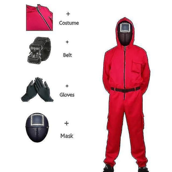 Squid Game Cosplay Jumpsuit Boss Coat Mask Handskar omgång sex Samma skurk Röd kostym Vuxen Barn-r Set 2 XL(185cm-195cm)