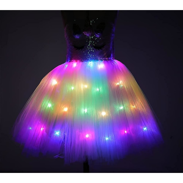 Enhörningsdräkt för flickor Led Light Up Tutu Dress Up Födelsedagspresenter Prinsessklänning till Halloweenfest Rainbow Led-sequins 8-9 Years