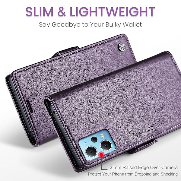 Caseme 023-serien för Xiaomi Redmi Note 12 5g (kina) / (indien) / (global) / Poco X5 5g Litchi Texture Rfid Blockerande case Läder Sta Purple