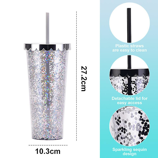 700 ml dubbellagers plastmugg, enkel genomskinlig glitterhalmkopp med paljetter, vattenkopp med stor kapacitet style1