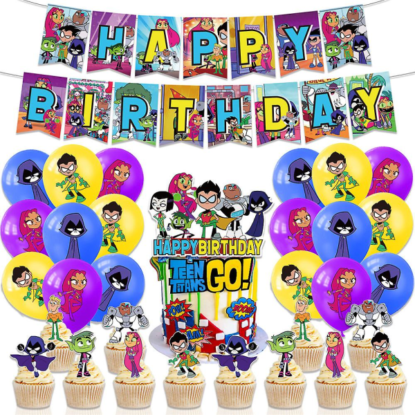 Teen Titans Go-tema födelsedagsfesttillbehör Ballonger Banner Cake Toppers Decor Set null none