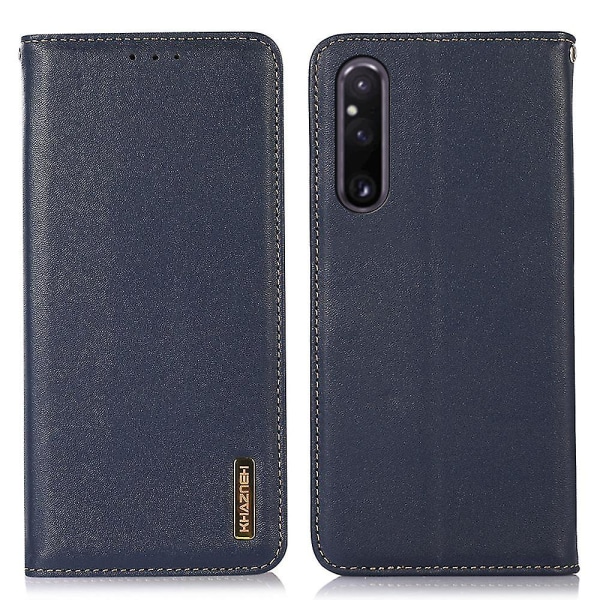 Khazneh för Sony Xperia 1 V Rfid Blocking Plånbok Phone case Äkta kohud Läderställ Cover Blue