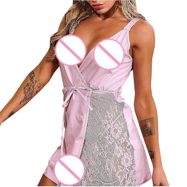 Dammode Sexiga underkläder Läder Splicing Spets Midja Spets Klänning Pink XL