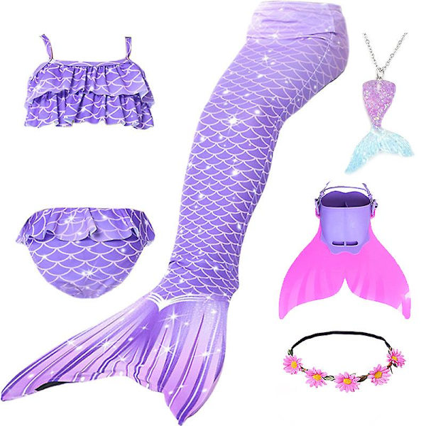 Sommarflicka sjöjungfru stjärt med monofin Halloween kostym prinsessa klänning baddräkt bikini badkläder för simning V 150cm(11-12T) 6PCS with fins3