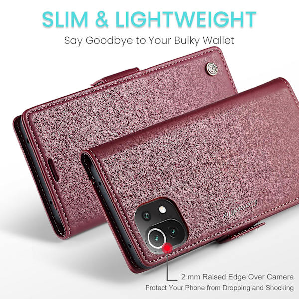 Caseme 023 Series Case För Xiaomi Mi 11 Lite 4g / 5g / 11 Lite 5g Ne , Pu Läder Litchi Texture Stand Rfid Blocking Phone Cover Red