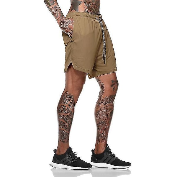 Herr 2 i 1 träningslöparshorts med dragkedjefickor khaki M