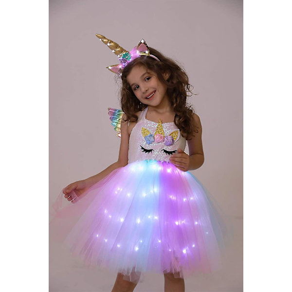 Enhörningsdräkt för flickor Led Light Up Tutu Dress Up Födelsedagspresenter Prinsessklänning till Halloweenfest White Led-sequins 2-3 Years