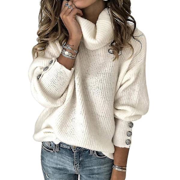Dam Långärmad Turtle Neck Jumper Casual Pullover Lös stickad tröja Toppar Plus Size White XL