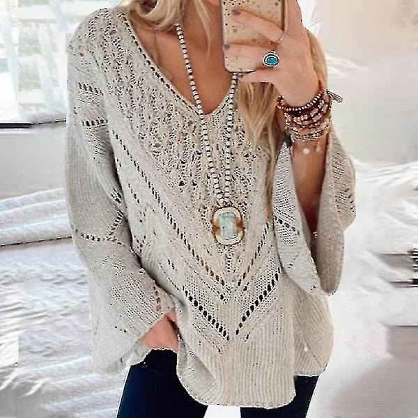 Dam V-ringad Pullover Stickat Höst Stickade Tröjor Kabel Lös Chic Jumper Toppar Tröja Light Grey S