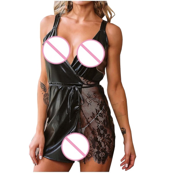 Dammode Sexiga underkläder Läder Splicing Spets Midja Spets Klänning Black XL
