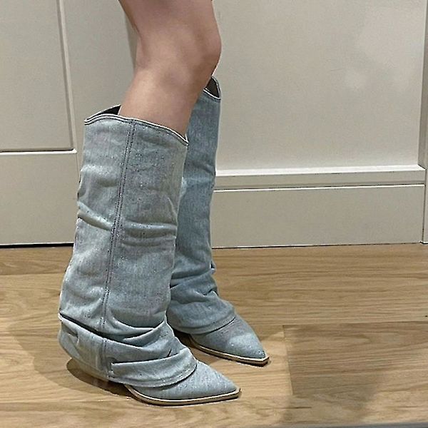 Veck Blå jeanslår höga stövlar för kvinnor 2023 Höst tjockklackade spetsiga tå Cowboystövlar Kvinna Slip On Western långa stövlar ankle boots 38