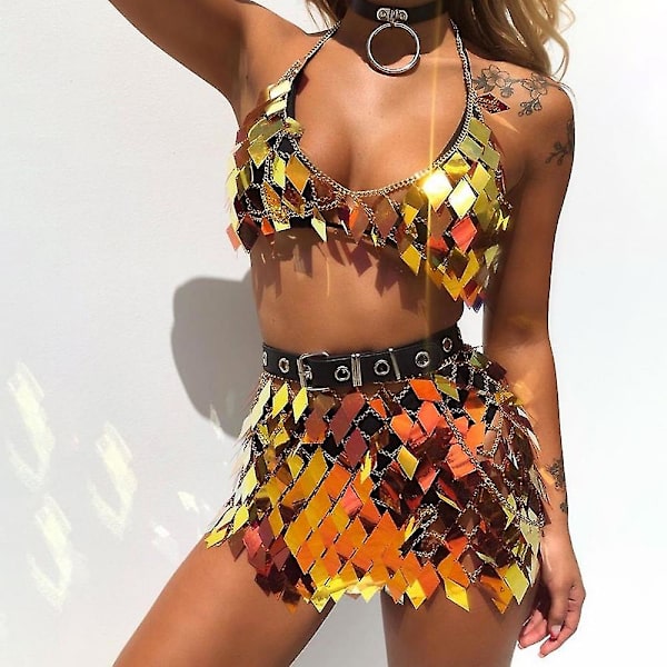 Paljetter Tofsar Body Chain Outfits BH Kjol Blå Bikini Rave Festival Clubwear Tw Rose Red