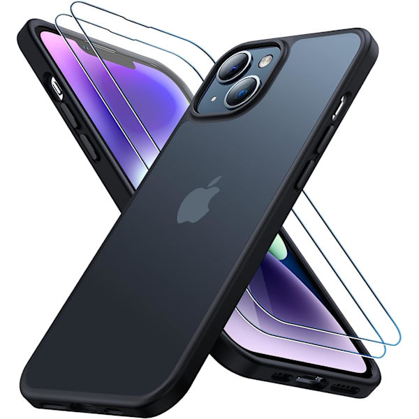 LϟK 3-i-1 för iPhone 13- case/iPhone 14- case, genomskinlig matt baksida med [2X skärmskydd], [falltestad i militärklass] Stötsäker A