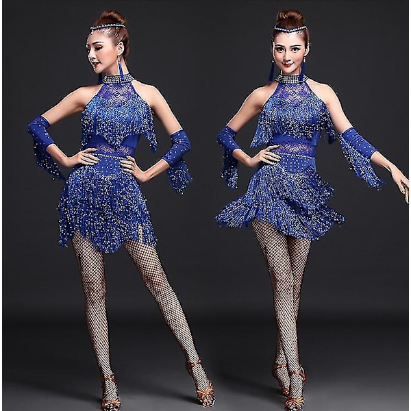 Nya latinska dansdräkter Dam Salsa Danskläder Dansdräkt Klänningar Ballroom Tävlingsklänningar Tango Vuxen Fringe Guld Paljett Blue XL