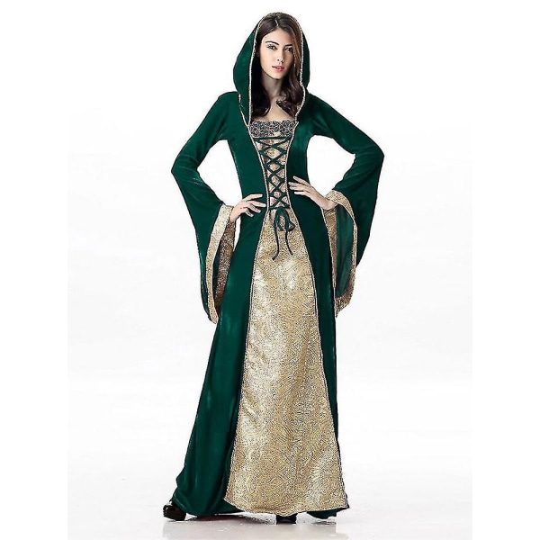 Bästsäljare kvinnors medeltidsklänning viktoriansk dräkt renässans långa klänningskostymer Green XL