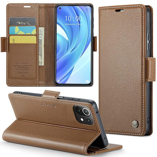 Caseme 023 Series Case För Xiaomi Mi 11 Lite 4g / 5g / 11 Lite 5g Ne , Pu Läder Litchi Texture Stand Rfid Blocking Phone Cover Brown