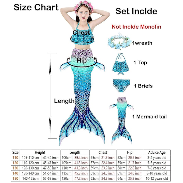 Barn Flickor Mermaid Tail Bikini Set Badkläder Baddräkt Simning Kostnad Inklusive Garland Pannband Färg 1 4-5 år