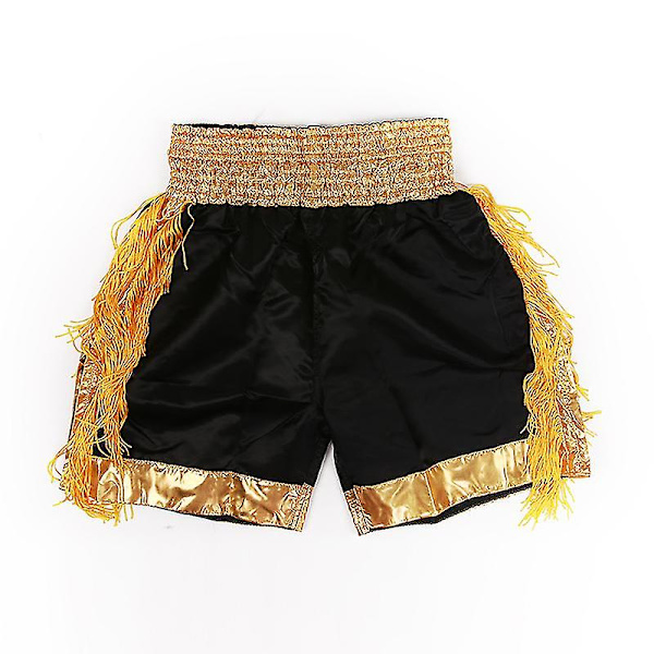 Muay Thai Shorts med tofsar Boxningsshorts Dam Herr Barn Andningsbar Satin Kickboxning Träningsbyxor Mma Kampsport Utrustning LS003 Gold Tassels XXXL
