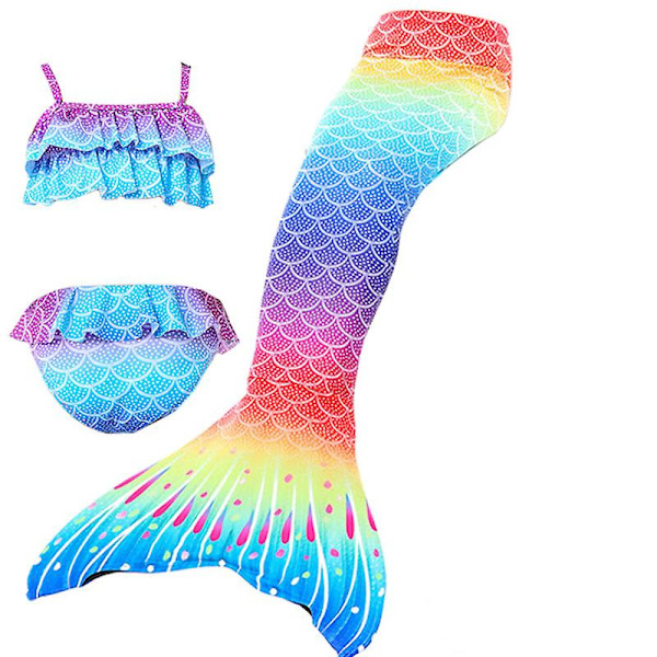 Sommarflicka sjöjungfru stjärt med monofin Halloween kostym prinsessa klänning baddräkt bikini badkläder för simning V 150cm(11-12T) 3PCS without fins12