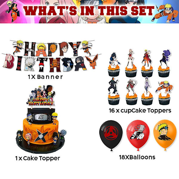 Naruto Tecknad Tema Fest Dekoration Födelsedagsfest Tillbehör Banner Flagga Ballonger Cupcake Cake Toppers Set null none