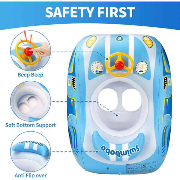Swimbobo Toddler Uppblåsbar bil Baby med justerbart soltak och säkerhetssits Poolleksaker för barn Blue Sport Car