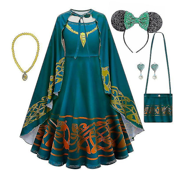 * Film Brave Merida kostym för tjejer Halloween prinsessklänning Barn Carnival Fantasia Barn Xmas Party Cosplay Costume-e 6T  130 Merida set I