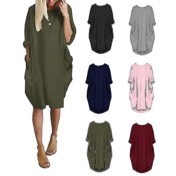 Kvinnor Plus Size Lång Eeve Lös Midi Klänning Med Ficka Grey 4XL