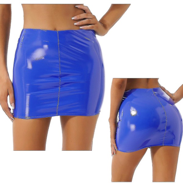 Kvinnors Latex Lackläder Minikjol Enfärgad Elastisk Midja Blank Pennkjol Nattklubb Fest Musikfestival Kostym Blue A S