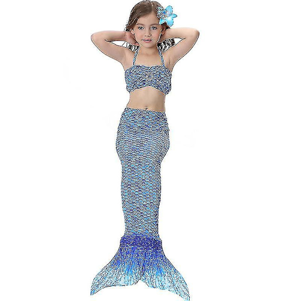 Barn Flickor Mermaid Tail Bikini Set Badkläder Baddräkt Simdräkt Dark Blue 10-11 Years