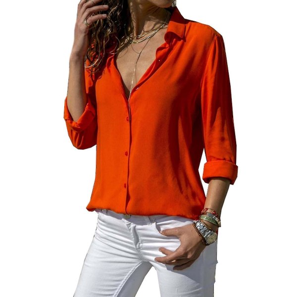 Kvinnor långärmad solid Button Down Lapel Shirt Red M