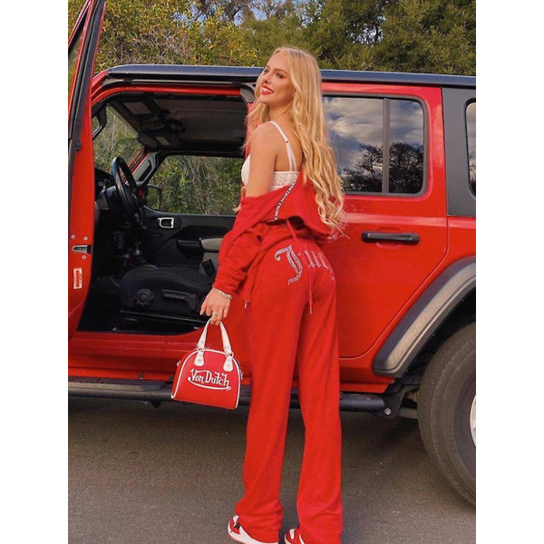 Velour Juicy Sömnadsdräkt Huvtröjor Sammet Dragkedja Sweatshirt Och Byxor Set Sportkläder 2023 Dam Vår/Höst Träningsoverall Crop Top Rose Red XXL