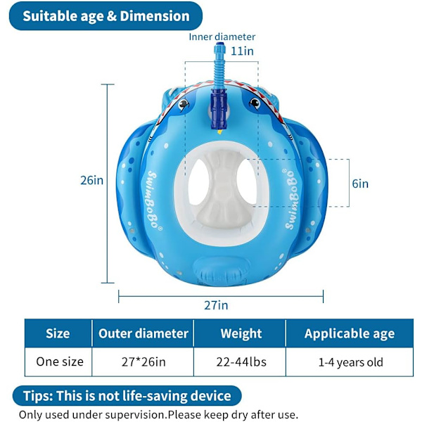 Swimbobo Toddler Uppblåsbar bil Baby med justerbart soltak och säkerhetssits Poolleksaker för barn Blue Shark