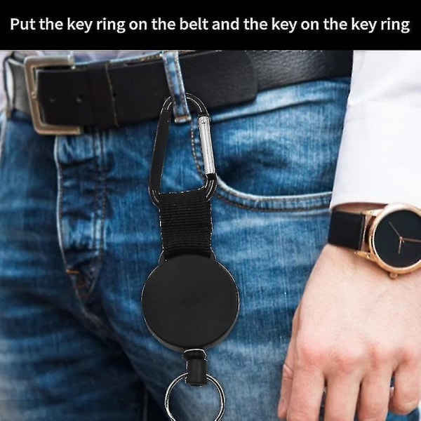 Infällbar nyckelring med metallkabel, robust indragbar nyckelring, svart Jiujiuso