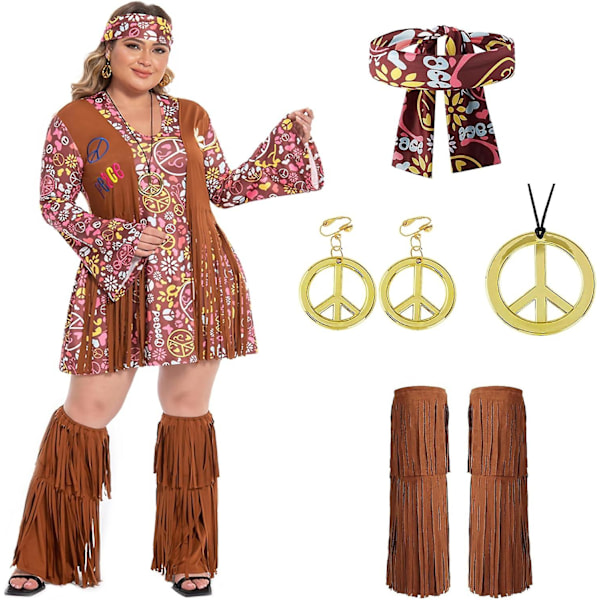 Plus Size Hippie Kostym för Kvinnor 60-tal 70-tal Disco Kläder Halloween Festklänning Set Khaki 16-18