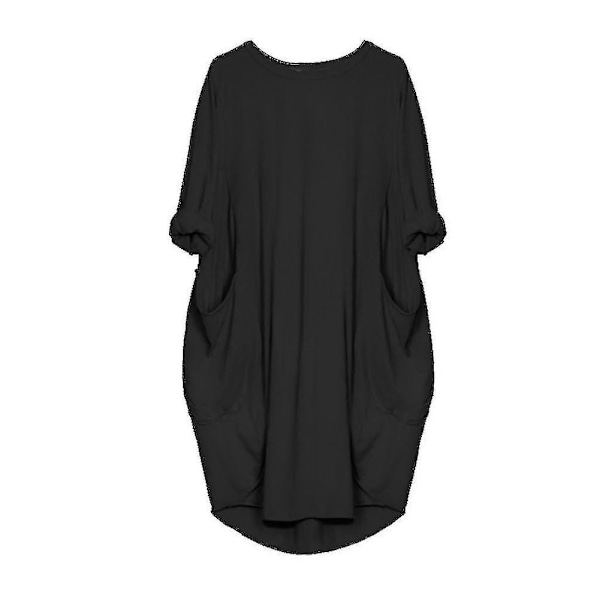 Kvinnor Plus Size Långärmad Lös Midiklänning Med Ficka Black 4XL