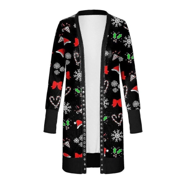 Christmas Cardigan Dam Långärmad Xmas Jumper öppen främre kappa Dark Black S