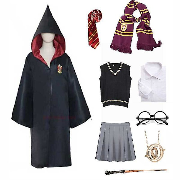 Kvinnor Flickor Häxa Skoluniform Hermione Cosplay Robe Klänning Tröja Wand Magic College Halloween kostym Set 2(8pcs) 4 Kids 145