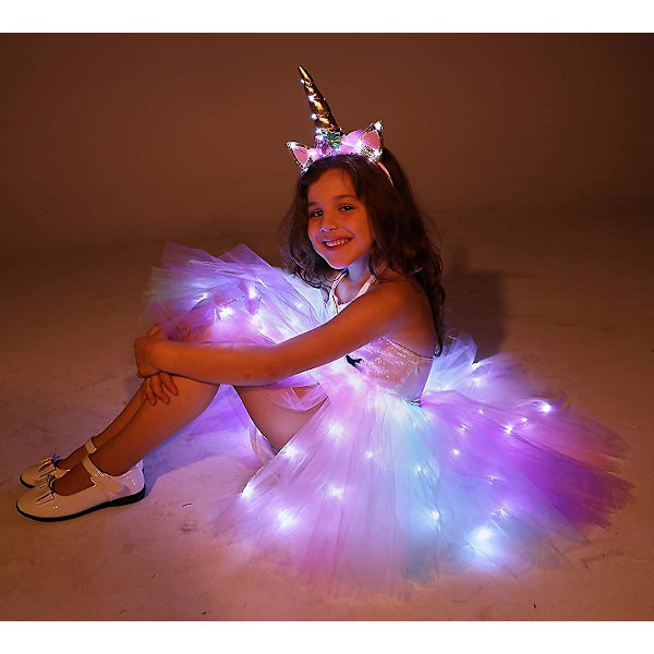 Enhörningsdräkt för flickor Led Light Up Tutu Dress Up Födelsedagspresenter Prinsessklänning till Halloweenfest White Led-sequins 4-5 Years