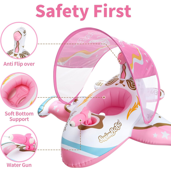 Swimbobo Toddler Uppblåsbar bil Baby med justerbart soltak och säkerhetssits Poolleksaker för barn Pink Airplane