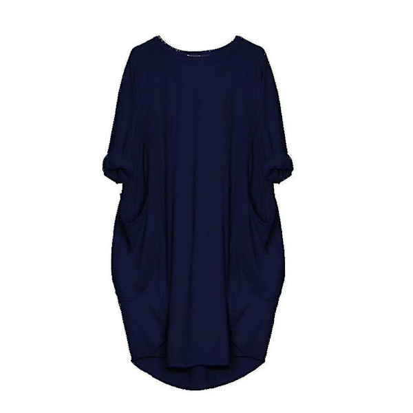 Kvinnor Plus Size Långärmad Lös Midiklänning Med Ficka Navy Blue 4XL