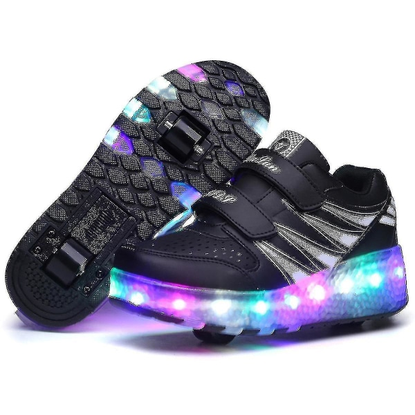 2022 Nya Led Light Up Roller Shoes Double Wheel USB Uppladdningsbara skridskoskor Black 28
