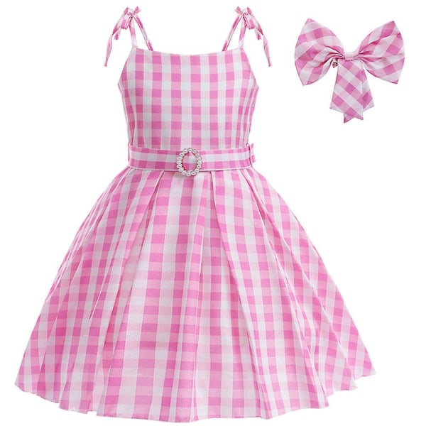 Barbie Cosplay Klänning Kostym Tjejer Margot Robbie Film Outfit Barn Rosa Vit Gingham Klänning Halloween Fest Födelsedag Klä upp med rosett hår 12-13 Years