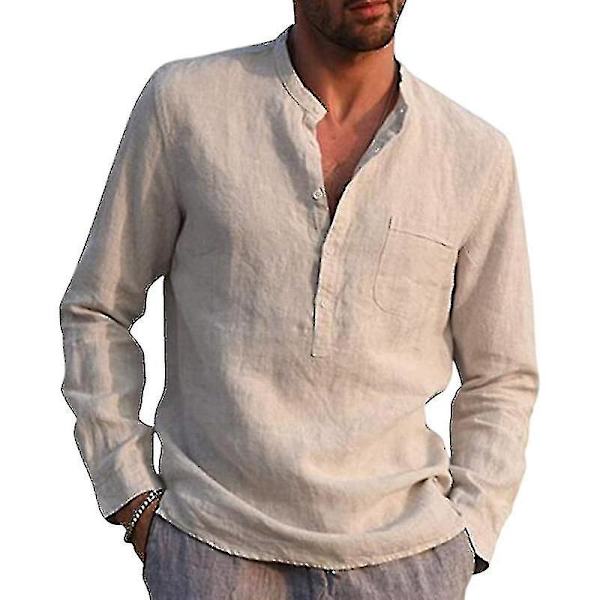 Herr långärmade skjortor Linne bomull knappar Strand Casual sommarskjortor Khaki M