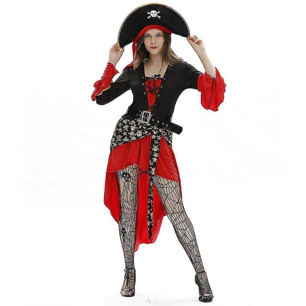 Vuxen piratdräkt kvinnor, kvinnlig piratdräkt vuxen, dam piratdräkt, Halloween piratdräkt med strumpor M