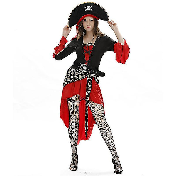 Vuxen piratdräkt kvinnor, kvinnlig piratdräkt vuxen, dam piratdräkt, Halloween piratdräkt med strumpor XL