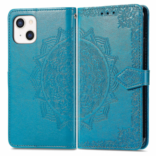 Kompatibel med Iphone 13 Case Cover Emboss Mandala Magnetic Flip Protection Stötsäker - Blå null none